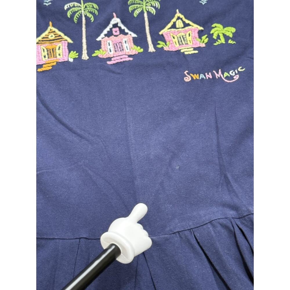Vtg 90s Swan Magic Hand Embroidered Tropical Houses T-Shirt Dress Navy S/M - Picture 11 of 13